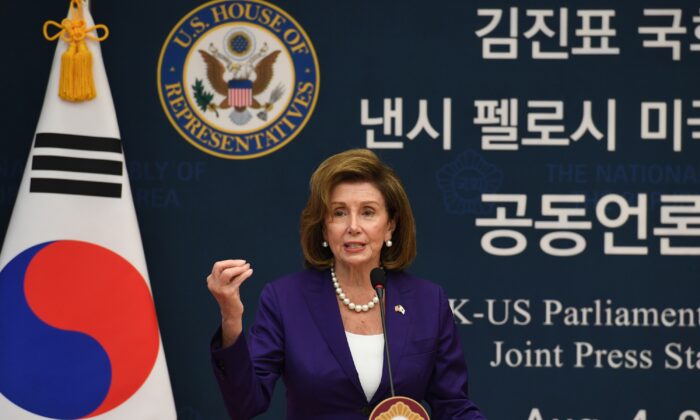 U.S. Speaker of the House Nancy Pelosi (D-Calif.) attends the Joint Press Announcement after meeting with South Korean National Assembly speaker Kim Jin-pyo at the National Assembly in Seoul, South Korea, on Aug. 4, 2022. (Kim Min-Hee-Pool/Getty Images)