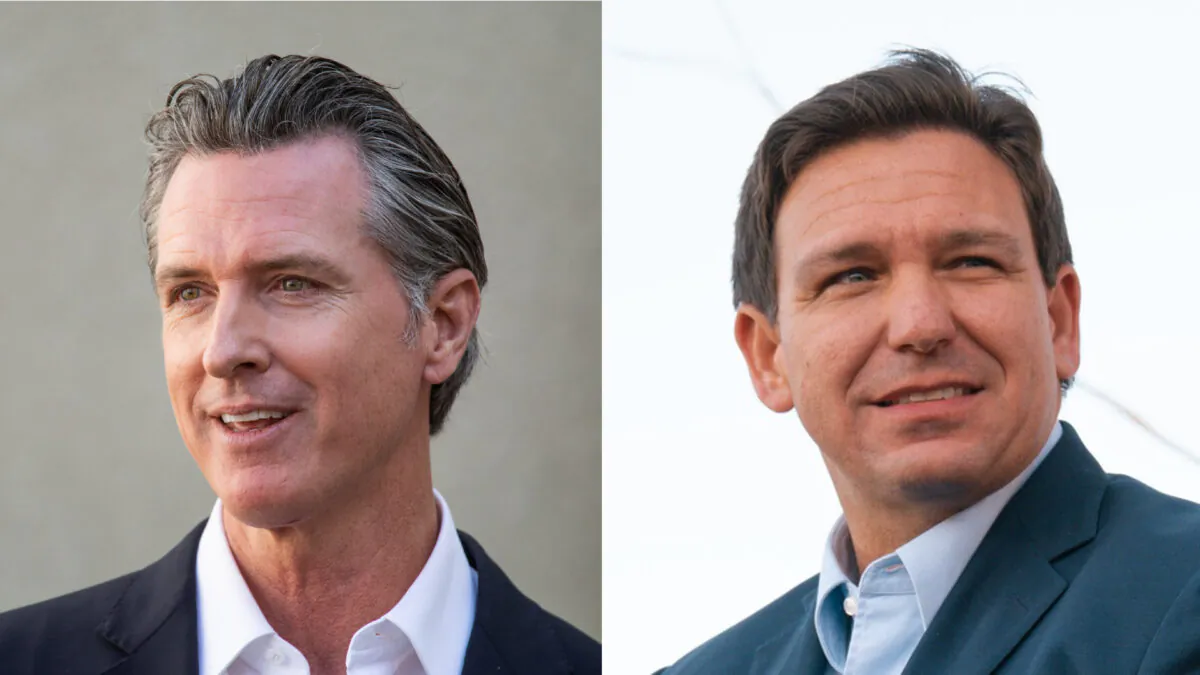(L) California Gov. Gavin Newsom speaks at a VA facility in Los Angeles, Calif., on Nov. 10, 2021. (John Fredricks/The Epoch Times); (R) Florida Gov. Ron DeSantis in an undated file photo. (Courtesy of Ron DeSantis for Governor)