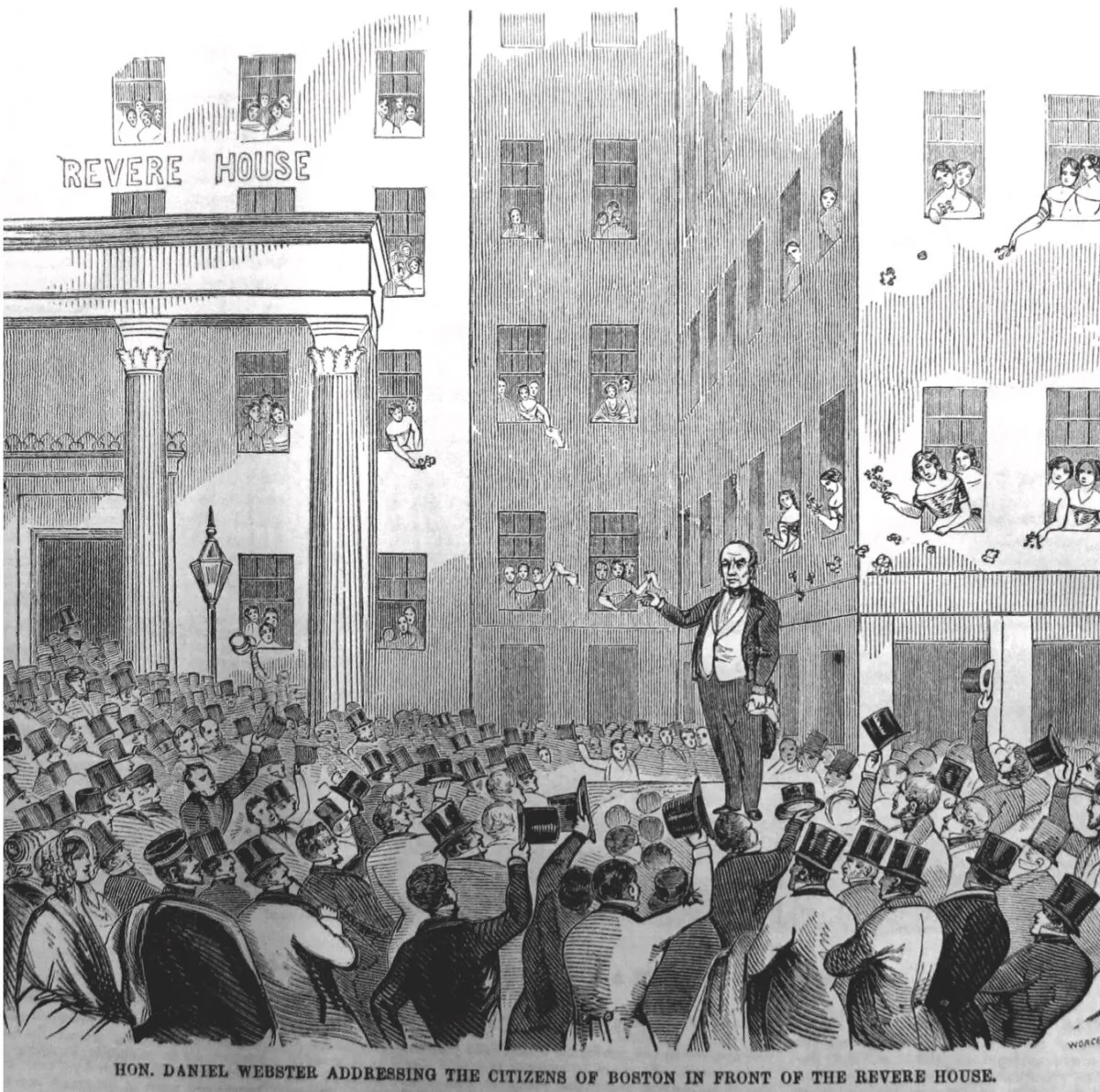 “Godlike Daniel” adresses a crowd in front of the Revere House at Bowdoin Square in Boston, circa 1851. (Public Domain)