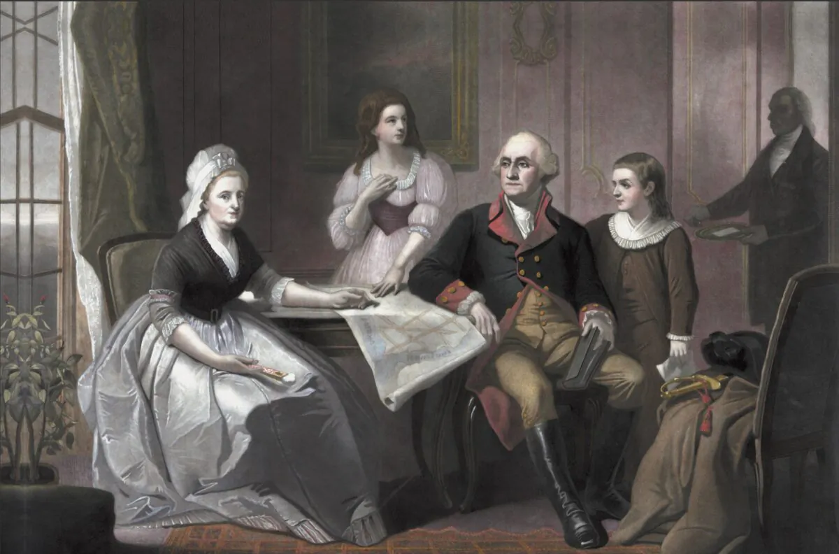 An oil painting of George Washington and the first lady sitting at a table with
their grandchildren standing to the left and right of the president. （John Parrot/Stocktrek Images/Getty Images）
