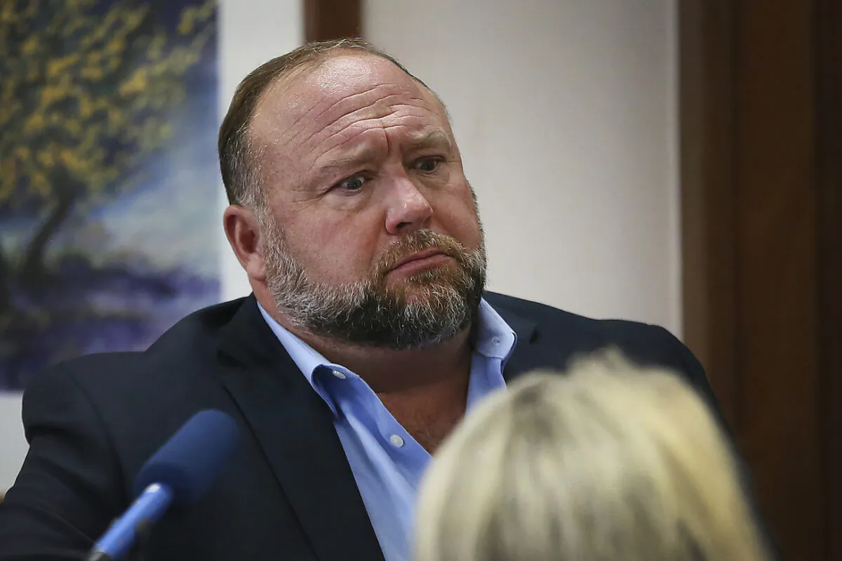 Alex Jones during trial at the Travis County Courthouse in Austin, Texas, on Aug. 3, 2022. (Briana Sanchez/Austin American-Statesman via AP, Pool, File)