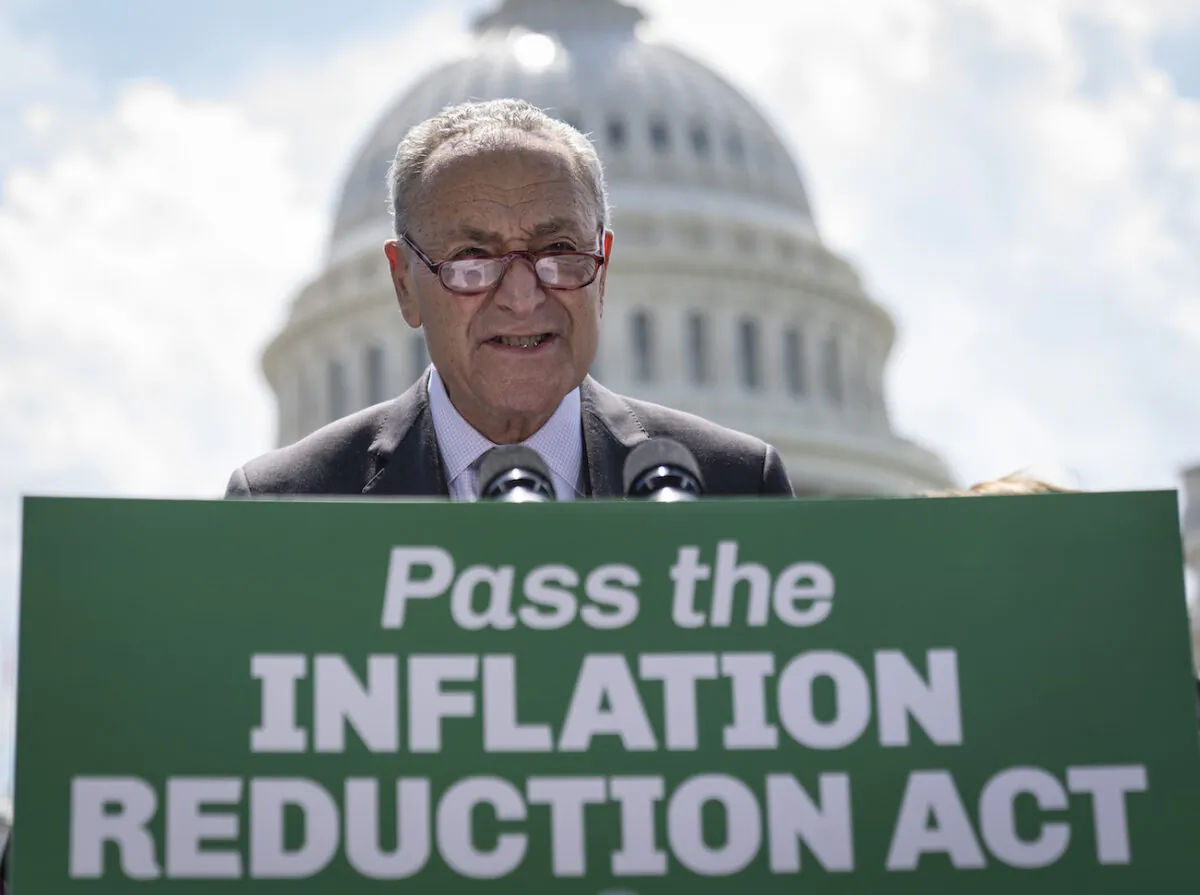 Senate Majority Leader Chuck Schumer (D-N.Y.) speaks during a news conference about the Inflation Reduction Act outside the U.S. Capitol in Washington, on Aug. 4, 2022. (Drew Angerer/Getty Images)