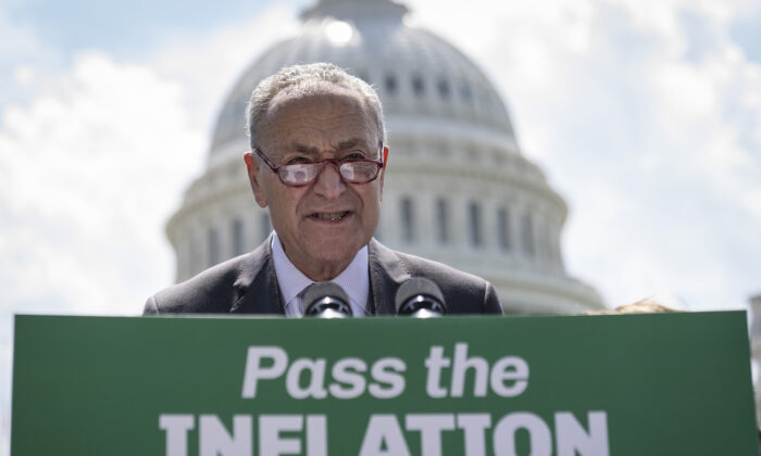 Senate Majority Leader Chuck Schumer (D-N.Y.) speaks during a news conference about the Inflation Reduction Act outside the U.S. Capitol in Washington, on Aug. 4, 2022. (Drew Angerer/Getty Images)