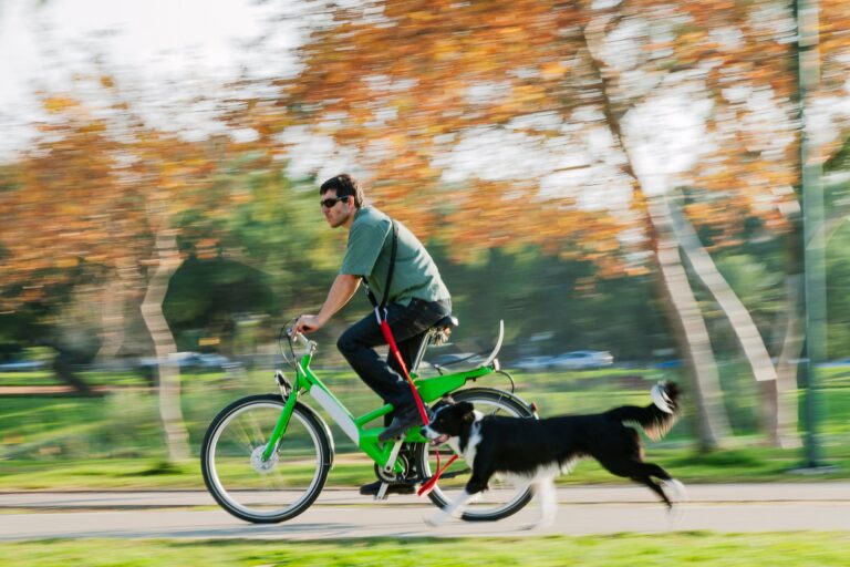 riding a bike with a dog on leash