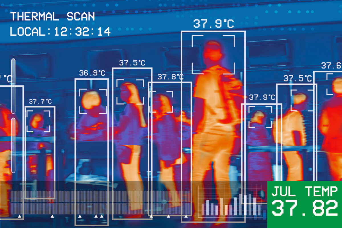 Passengers infrared thermal heat scan imaging camera sensor at international airport seeking high body temperature checking system detection corona virus covid-19 infection disease