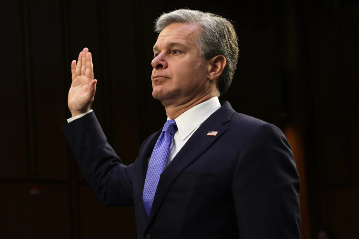 FBI Director Christopher Wray is sworn in during a hearing before Senate Judiciary Committee at Hart Senate Office Building on Capitol Hill on Aug. 4, 2022. (Alex Wong/Getty Images)