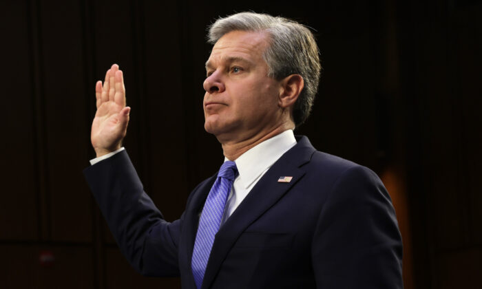 FBI Director Christopher Wray is sworn in during a hearing before Senate Judiciary Committee at Hart Senate Office Building on Capitol Hill in Washington on Aug. 4, 2022. (Alex Wong/Getty Images)