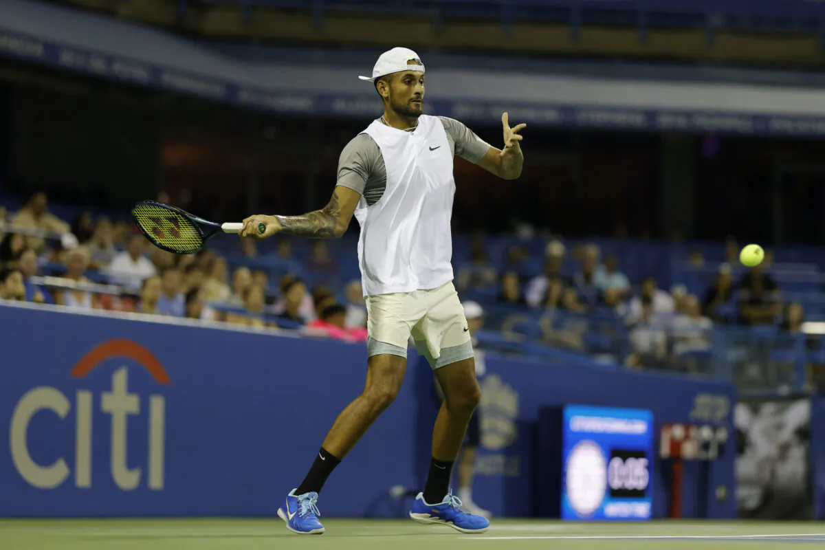 Nick Kyrgios (AUS)  hits a forehand against Frances Tiafoe (USA) (not pictured) on day five of the Citi Open at Rock Creek Park Tennis Center in Washington, on Aug. 5, 2022. (Geoff Burke/USA TODAY Sports via Reuters)