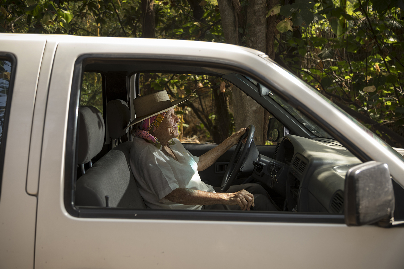Diana Kennedy at the wheel of her then-17-year-old Nissan stick-shift pickup truck in 2018.