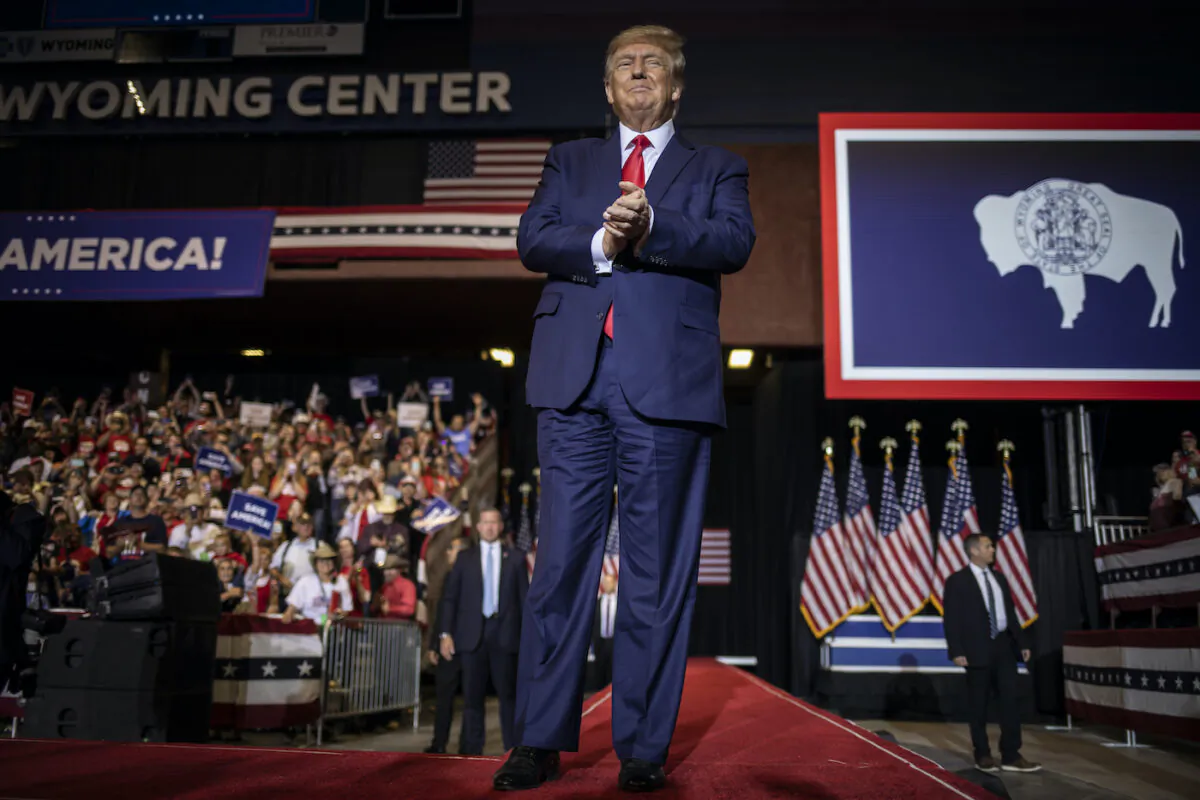 Former President Donald Trump arrives to deliver his speech in Casper, Wyo. on May 28, 2022. The rally was held to support Harriet Hageman, Rep. Liz Cheney’s primary challenger in Wyoming. (Chet Strange/Getty Images)