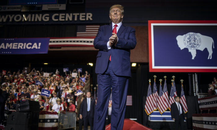 Former President Donald Trump arrives to deliver his speech in Casper, Wyo. on May 28, 2022. The rally was held to support Harriet Hageman, Rep. Liz Cheney’s primary challenger in Wyoming. (Chet Strange/Getty Images)