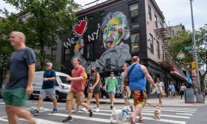 People walk through the Chelsea neighborhood in Manhattan, the heart of New York's LGBT  community in New York City, on July 29, 2022. (Spencer Platt/Getty Images)