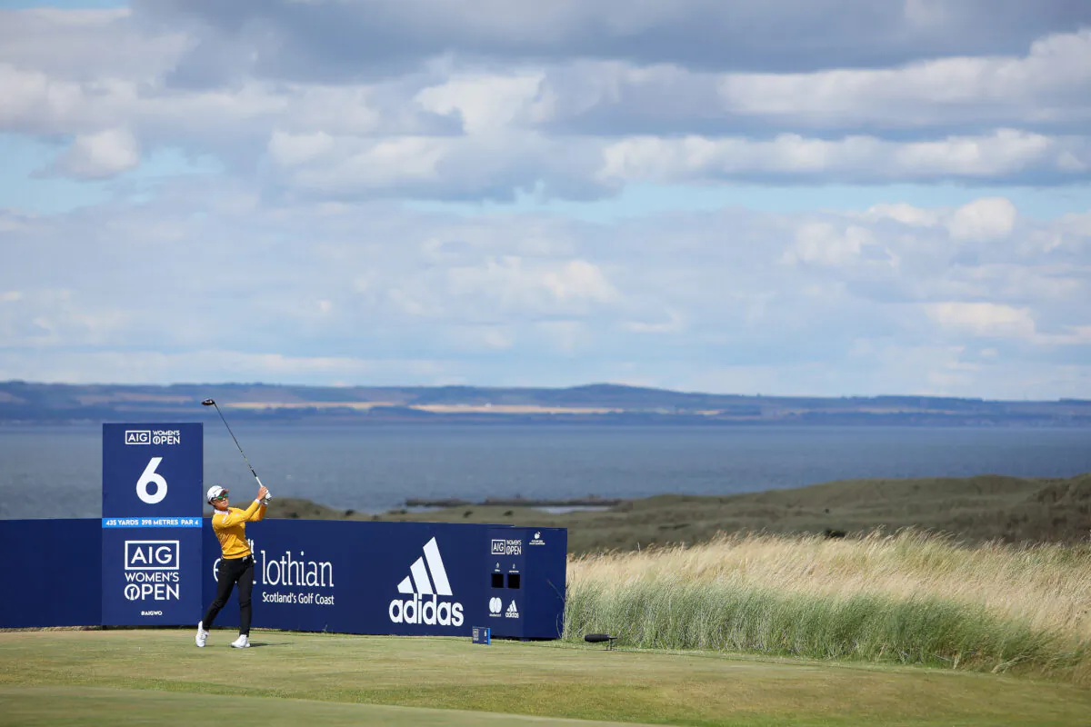 Minjee Lee of Australia tees off on the sixth hole  during Day One of the AIG Women's Open at Muirfield in Gullane, Scotland on August 4, 2022. (Charlie Crowhurst/Getty Images)