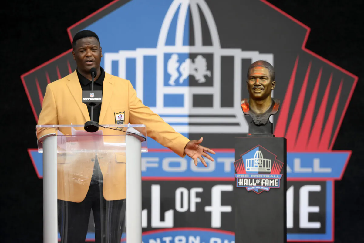 Former NFL player LeRoy Butler speaks during his induction into the Pro Football Hall of Fame, in Canton, Ohio, Saturday, Aug. 6, 2022. (David Richard/AP Photo)