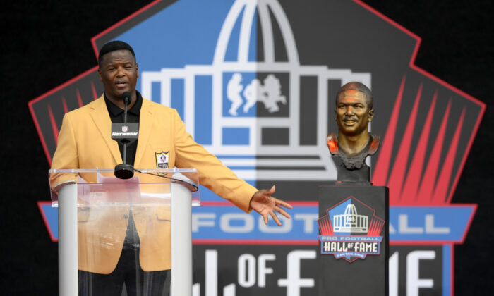 Former NFL player LeRoy Butler speaks during his induction into the Pro Football Hall of Fame, in Canton, Ohio, Saturday, Aug. 6, 2022. (David Richard/AP Photo)