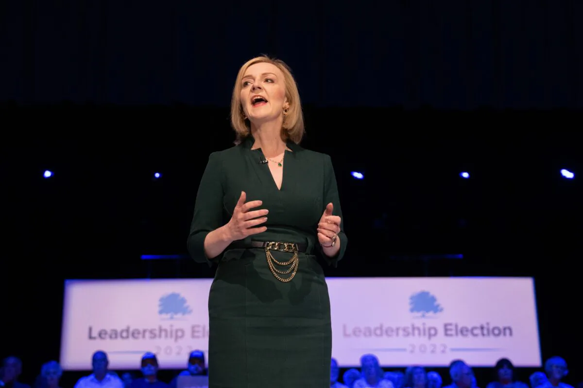 Liz Truss speaks at a Conservative Party leadership hustings in Eastbourne, England, on Aug. 5, 2022. (Carl Court/Getty Images)