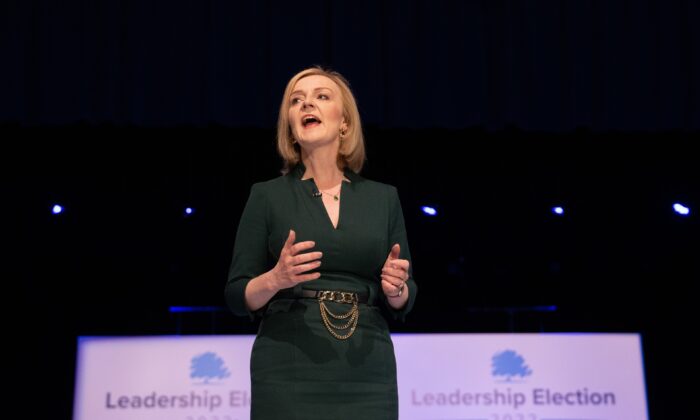 Liz Truss speaks at a Conservative Party leadership hustings in Eastbourne, England, on Aug. 5, 2022. (Carl Court/Getty Images)