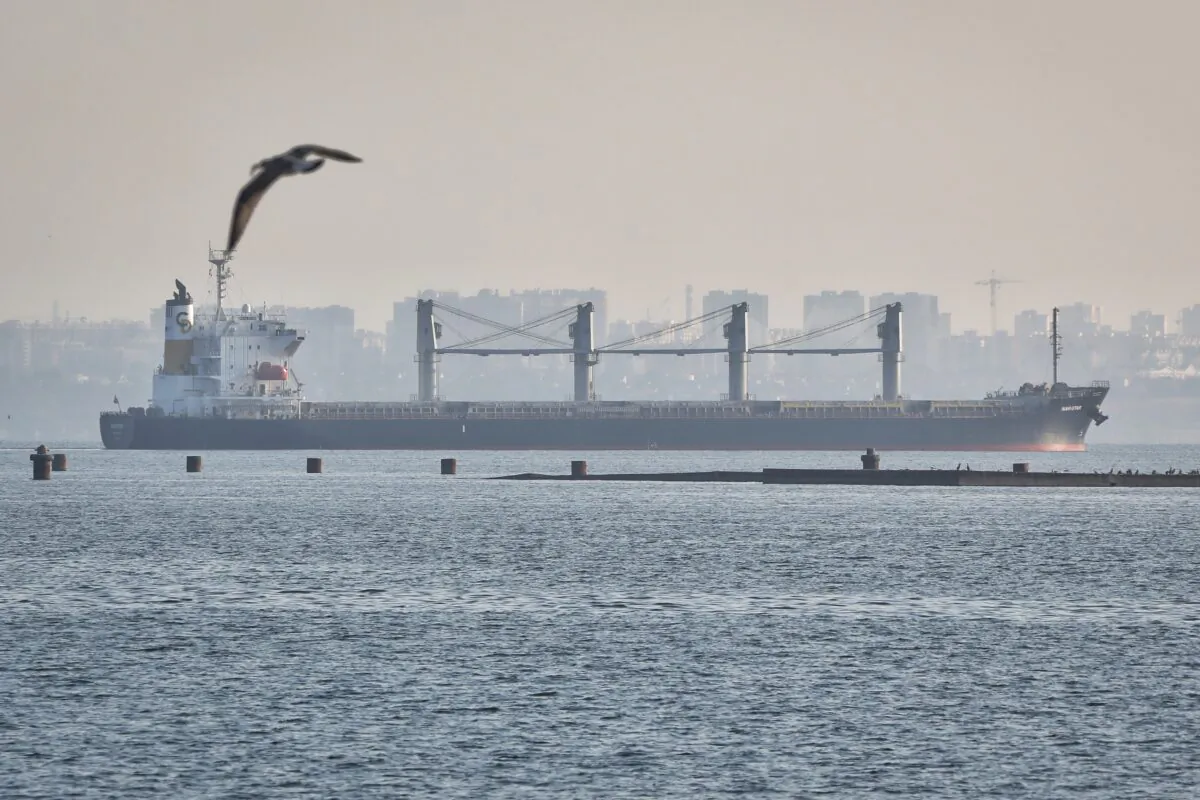 The ship Navi-Star carrying a load of corn starts its way from the port in Odesa, Ukraine, on Aug. 5, 2022. (Nina Lyashonok/AP Photo)