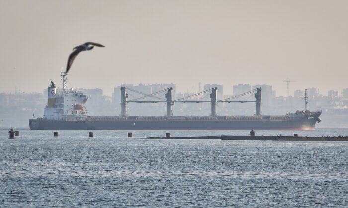 The ship Navi-Star carrying a load of corn starts its way from the port in Odesa, Ukraine, on Aug. 5, 2022. (Nina Lyashonok/AP Photo)