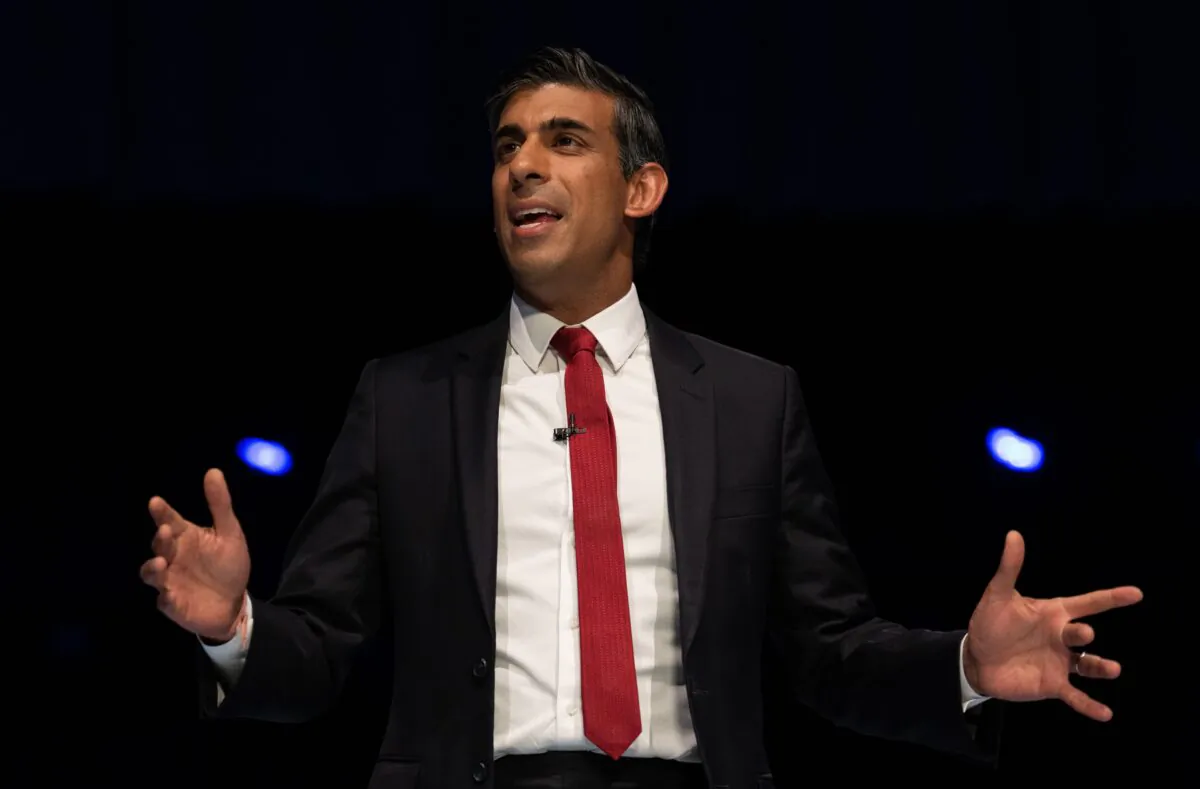 Rishi Sunak speaks at a Conservative Party leadership hustings in Eastbourne, England, on Aug. 5, 2022. (Carl Court/Getty Images)