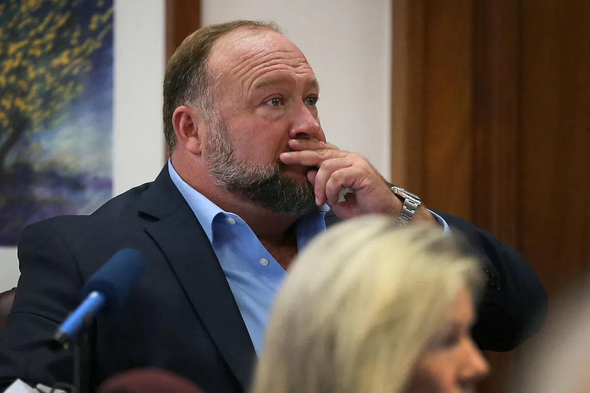 Alex Jones during trial at the Travis County Courthouse in Austin, Texas, on Aug. 3, 2022. (Briana Sanchez/Pool via Reuters)