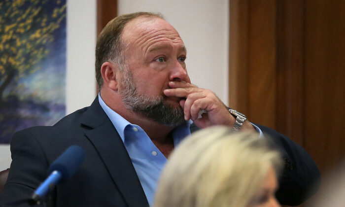 Alex Jones during trial at the Travis County Courthouse in Austin, Texas, on Aug. 3, 2022. (Briana Sanchez/Pool via Reuters)