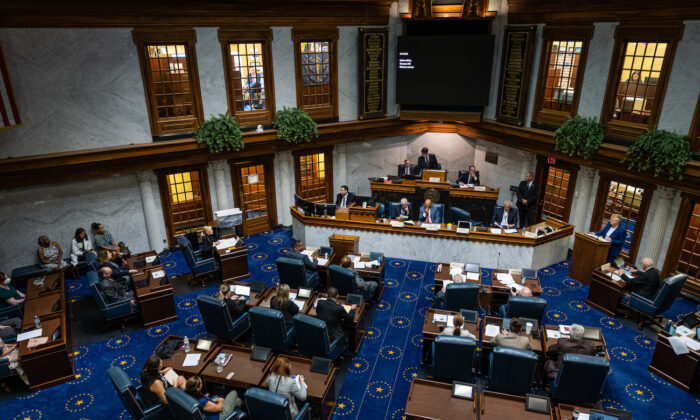 Indiana State Senators meet in the Senate chamber in the Indiana State Capitol building in Indianapolis, Ind., on July 25, 2022. (Jon Cherry/Getty Images)