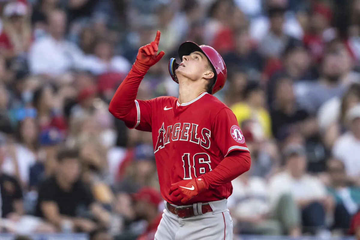 Los Angeles Angels' Mickey Moniak celebrates after hitting a solo home run off Seattle Mariners starting pitcher Chris Flexen during the fourth inning of the second game of a baseball doubleheader in Seattle, Saturday, Aug. 6, 2022. (Stephen Brashear/AP Photo)