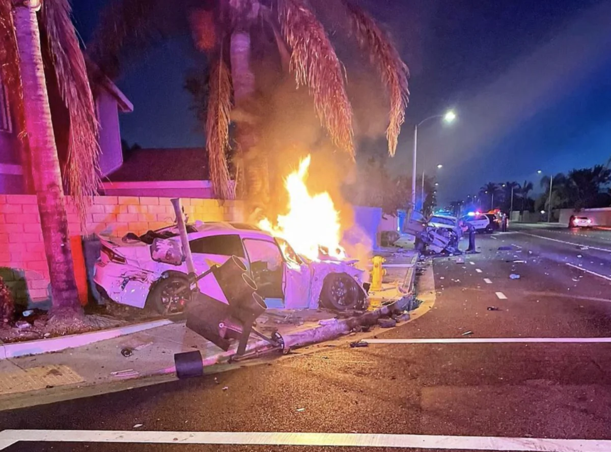 Two men were arrested on suspicion of stealing catalytic converters and leading Huntington Beach police on a vehicle chase that resulted in a fiery crash in Huntington Beach, Calif., on Aug. 6, 2022.
(Screenshot via Instagram/Huntington Beach Police - HBPD)