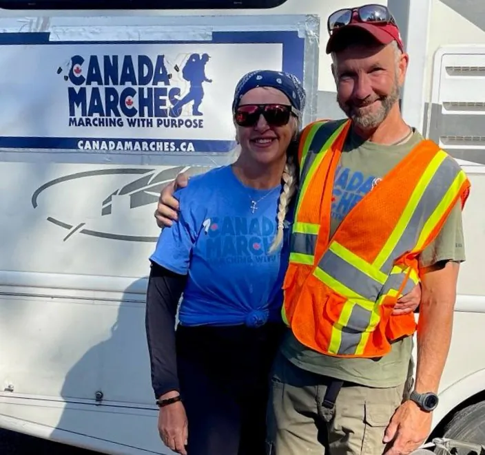 James Topp and supporter Lola Parsons in Newfoundland and Labrador as Topp continues the second phase of his cross-country trek to protest mandatory COVID-19 vaccine mandates. (Courtesy Lola Parsons)