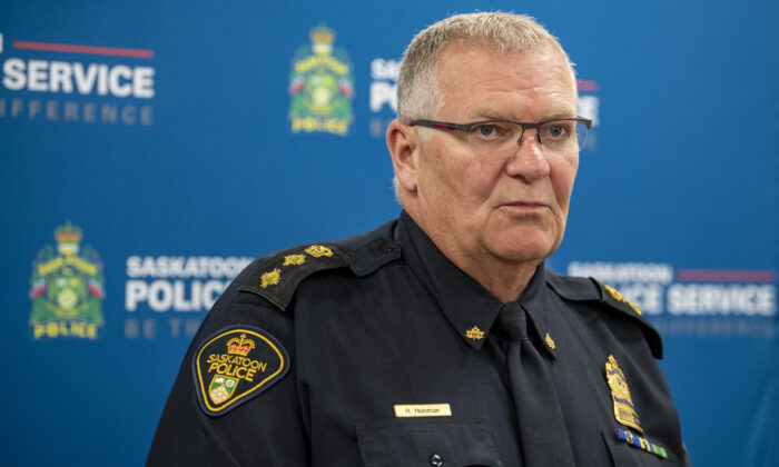 Saskatoon Police Deputy Chief Randy Huisman speaks at a media event, regarding the case of a reported missing woman, who was later accused of faking her death and that of her son, in Saskatoon, on Aug. 8, 2022. (The Canadian Press/Liam Richards)