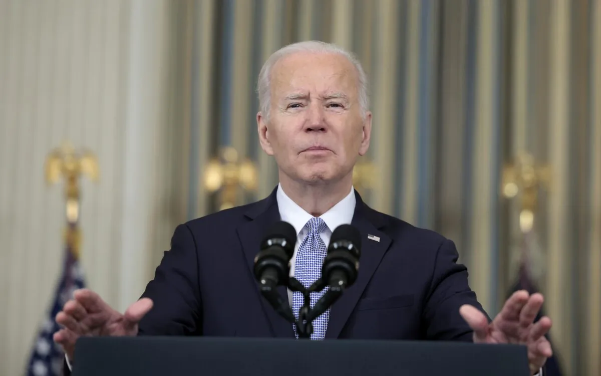 President Joe Biden delivers remarks on the jobs report for the month of March from the State Dining Room of the White House in Washington on April 1, 2022. (Anna Moneymaker/Getty Images)