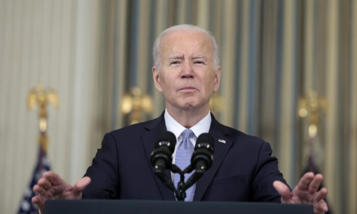 President Joe Biden delivers remarks on the jobs report for March from the State Dining Room of the White House in Washington on April 1, 2022. (Anna Moneymaker/Getty Images)