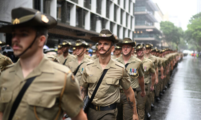 Members of the Australian Defence Forces (ADF) march during an Anzac Day parade in Brisbane, Australia on April 25, 2022. (Dan Peled/Getty Images)