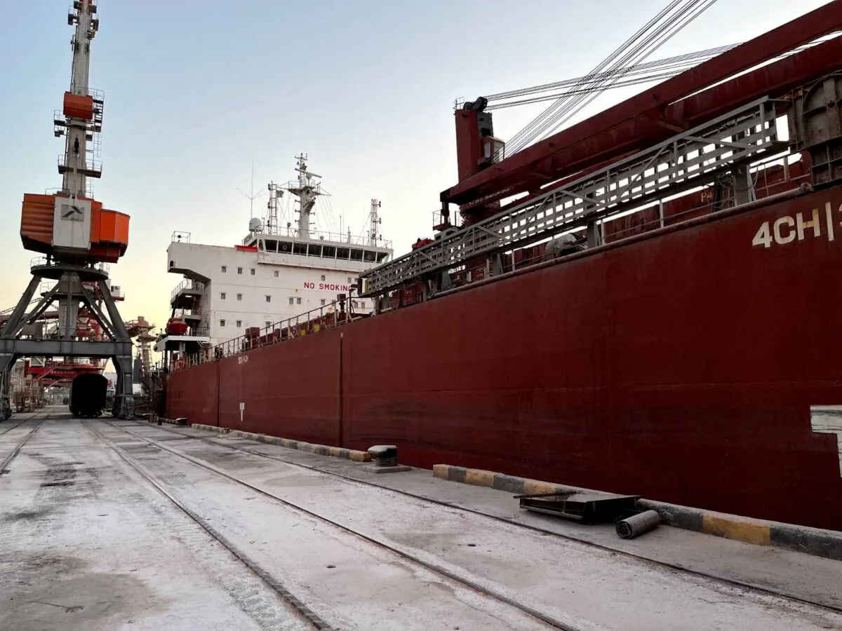 The Liberia-flagged bulk carrier Arizona in the sea port of Pivdennyi near the town of Yuzhne, Ukraine, on Aug. 8, 2022. (Press service of the Ministry of the Ukrainian Sea Ports Authority/Handout via Reuters)