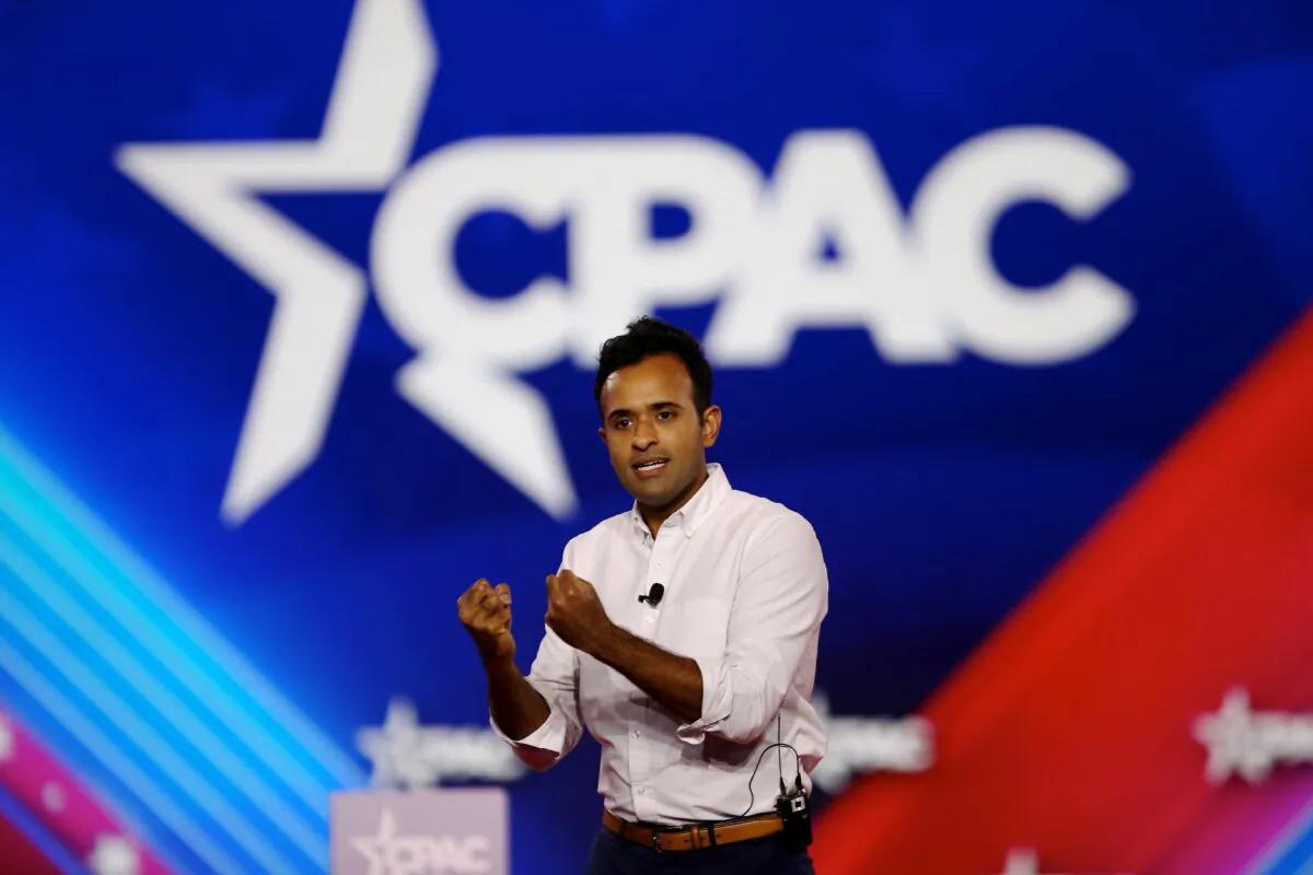 Vivek Ramaswamy, author of "Woke Inc.," speaks at the Conservative Political Action Conference at the Hilton Anatole in Dallas on Aug. 5, 2022. (Bobby Sanchez for The Epoch Times)