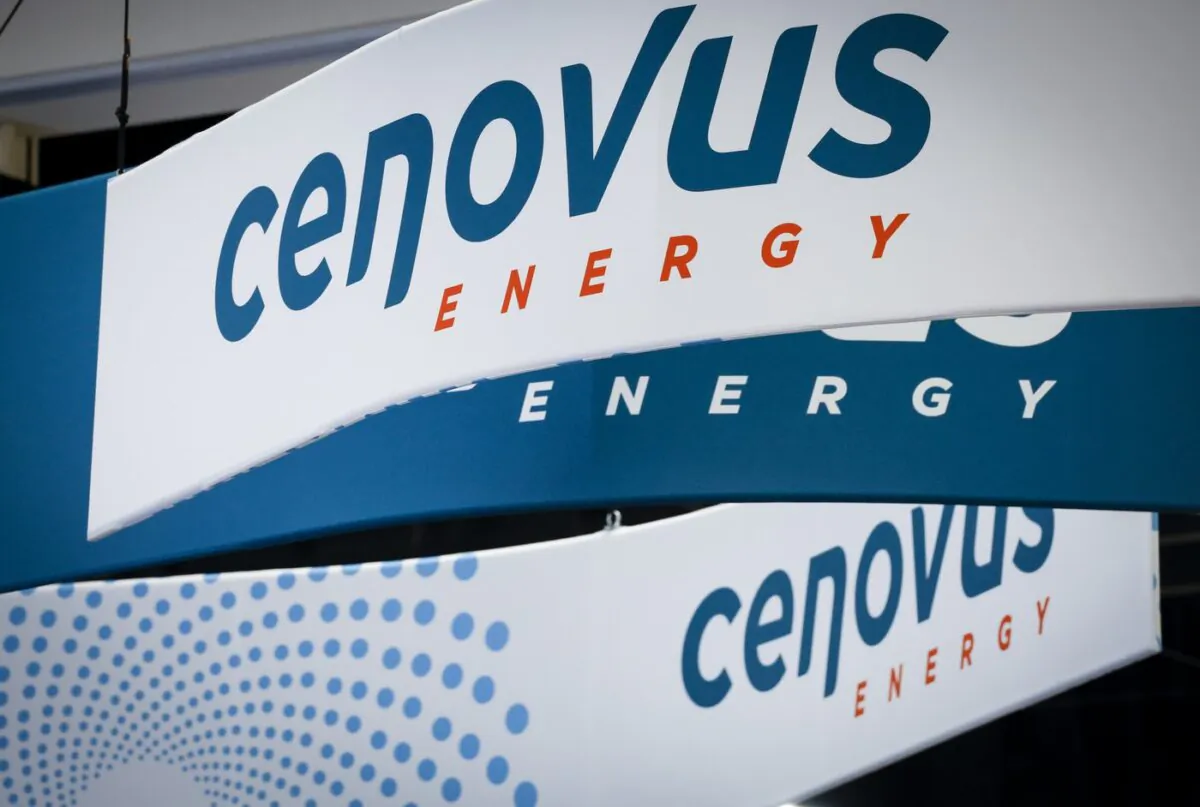 Cenovus Energy logos are on display at the Global Energy Show in Calgary, Alta., June 7, 2022. (The Canadian Press/Jeff McIntosh)