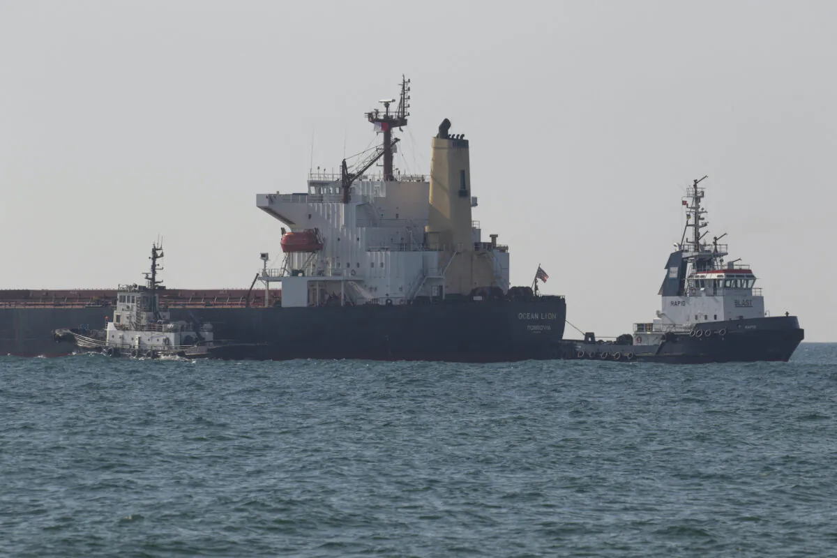 A Liberian-flagged bulk carrier Ocean Lion leaves the sea port in Chornomorsk after restarting grain export, amid Russia's attack on Ukraine, in Ukraine on Aug. 9, 2022. (Serhii Smolientsev/Reuters)