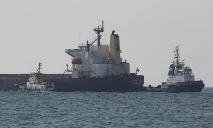 A Liberian-flagged bulk carrier Ocean Lion leaves the sea port in Chornomorsk after restarting grain export, amid Russia's attack on Ukraine, in Ukraine on Aug. 9, 2022. (Serhii Smolientsev/Reuters)