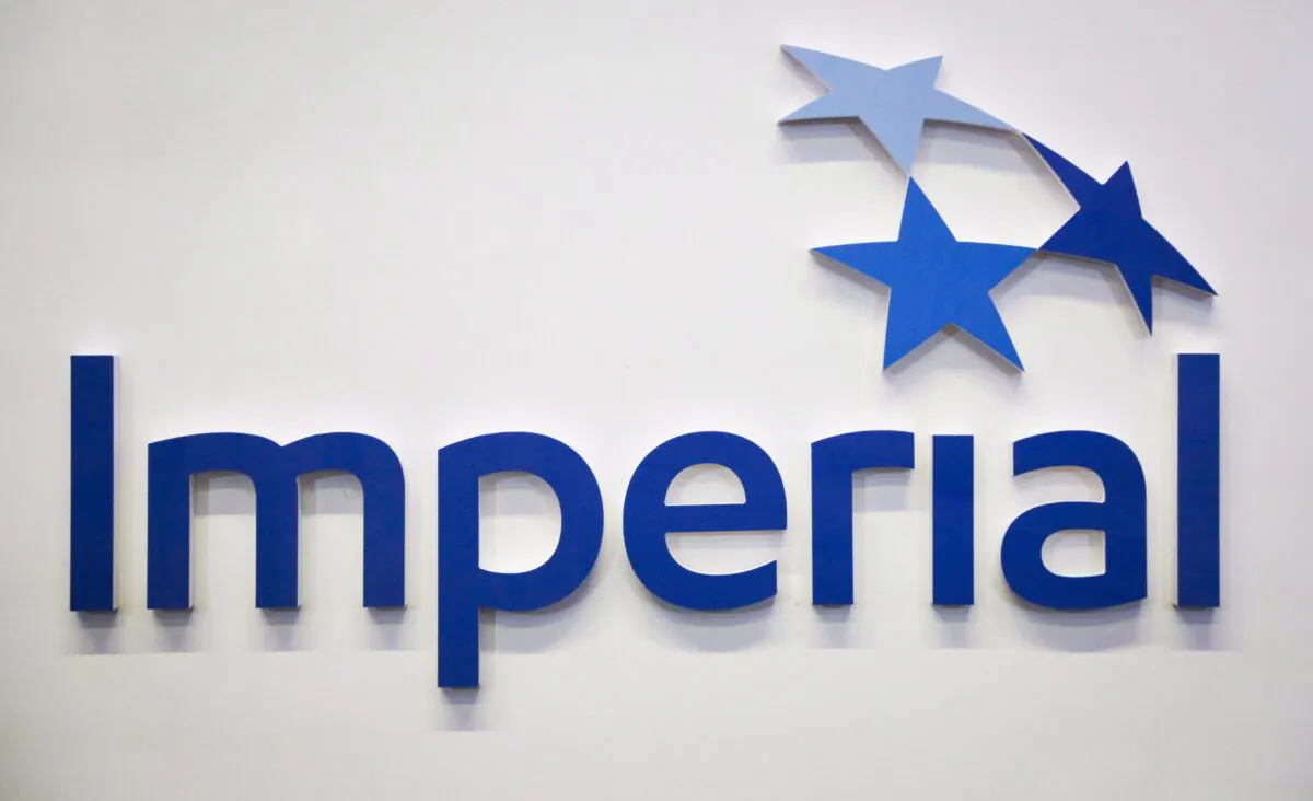 Imperial Oil logo at the company's annual meeting in Calgary on April 28, 2017. (The Canadian Press/Jeff McIntosh)