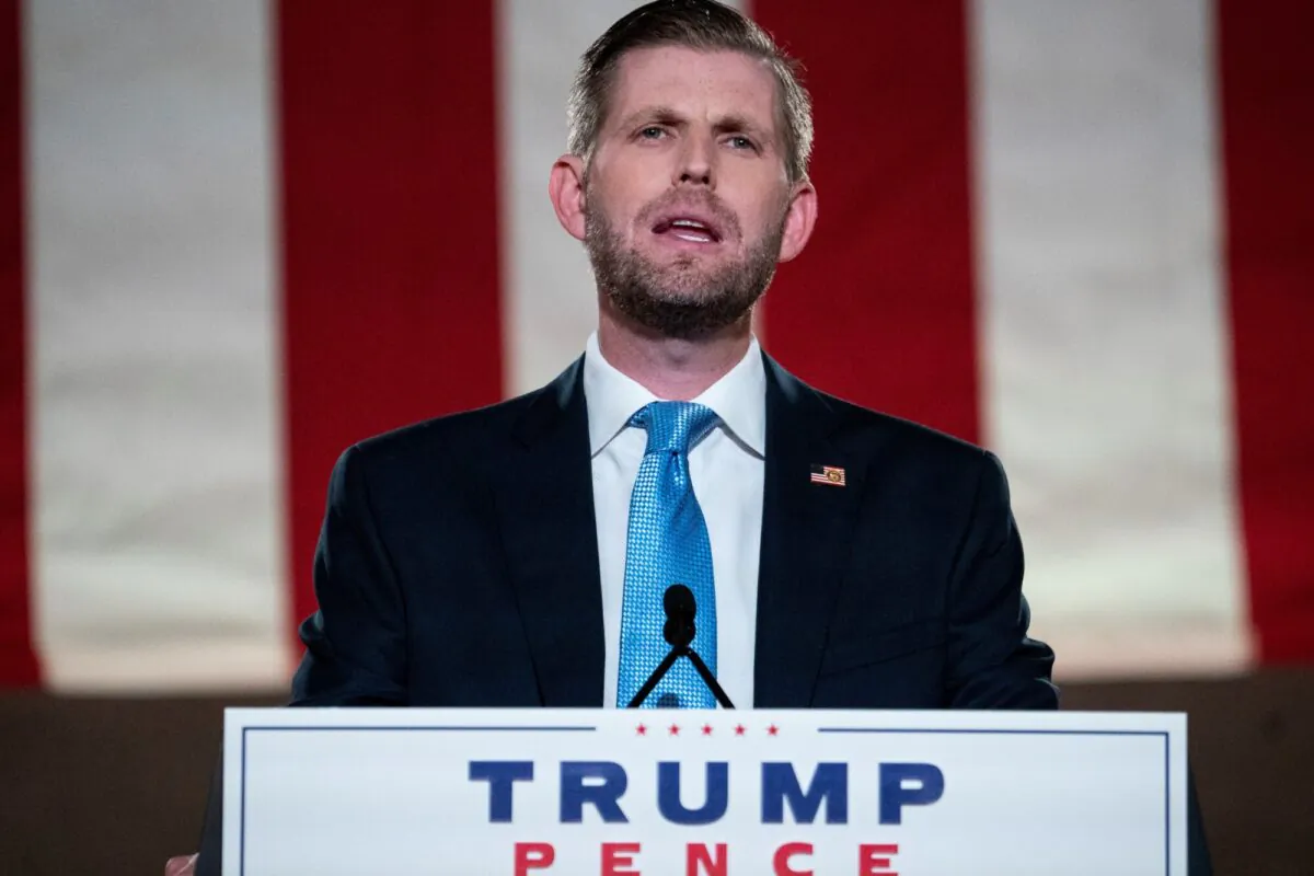 Eric Trump, son of President Donald Trump, pre-records his address to the Republican National Convention at the Mellon Auditorium in Washington, on Aug. 25, 2020. (Drew Angerer/Getty Images)