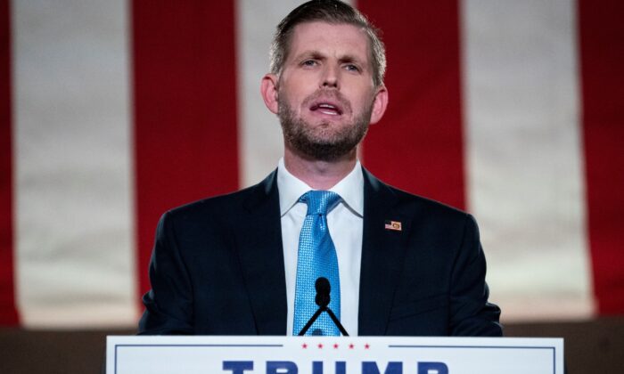 Eric Trump, son of President Donald Trump, pre-records his address to the Republican National Convention at the Mellon Auditorium in Washington, on Aug. 25, 2020. (Drew Angerer/Getty Images)
