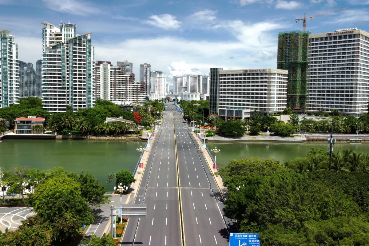This aerial photo taken shows an empty road as the area is closed off and restricted due to an outbreak of COVID-19 in Sanya in southern China's Hainan Province on Aug. 7, 2022. (CNS/AFP via Getty Images)