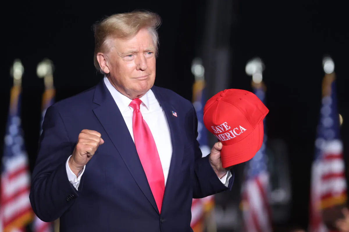 Former President Donald Trump greets supporters during a rally on Aug. 5, 2022 in Waukesha, Wisconsin. (Scott Olson/Getty Images)