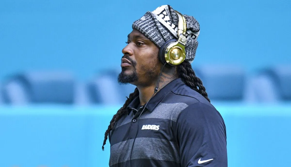Marshawn Lynch (24) of the Oakland Raiders warms up before the game against the Miami Dolphins at Hard Rock Stadium in Miami on Sept. 23, 2018. (Mark Brown/Getty Images)