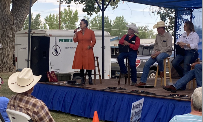 Wyoming Republican congressional candidate Harriet Hageman on Aug. 5 addresses voters in Basin, a town of less than 1,300 in Big Horn County, as part of her near-40,000 mile campaign to unseat three-term Rep. Liz Cheney (R-Wyo.) in their Aug. 16 GOP primary. (Courtesy of Hageman For Wyoming)