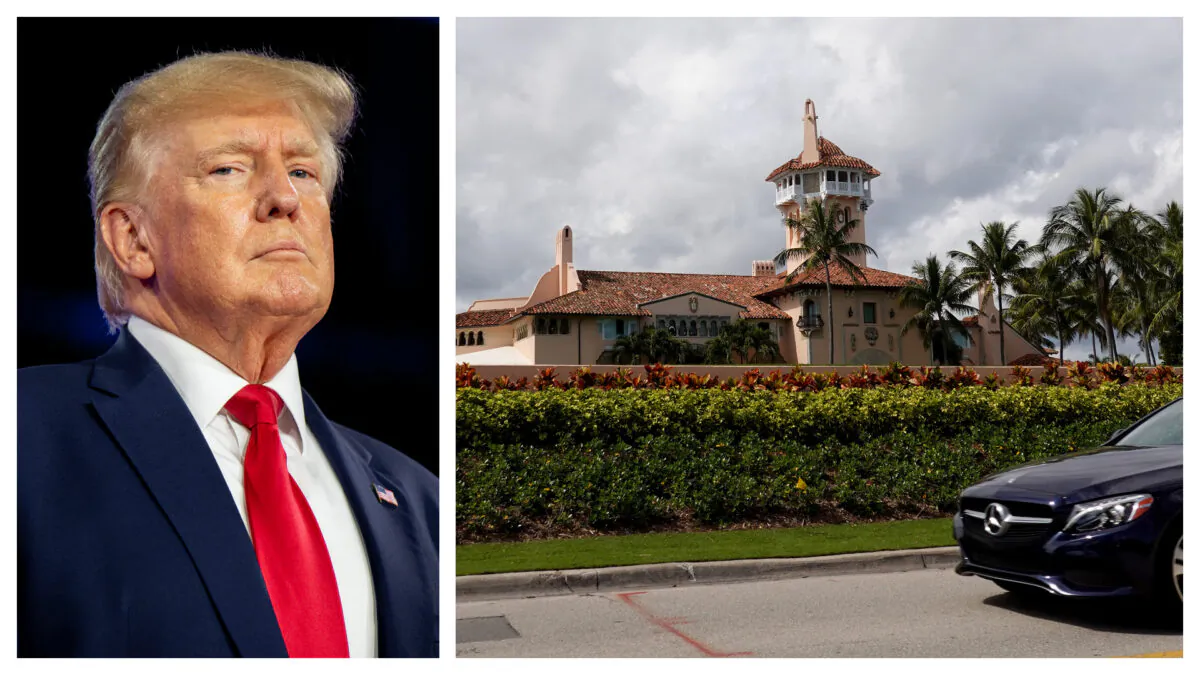 Former President Donald Trump (Left) at CPAC in Dallas, Texas, on Aug. 6, 2022, and the Mar-a-Lago resort in Palm Beach, Fla., on Feb. 11, 2022. (Brandon Bell, Joe Raedle/Getty Images)
