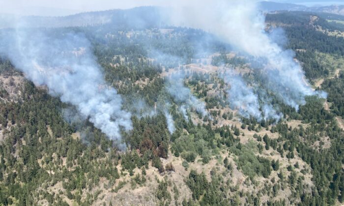 Smoke from fires along Sheep Creek is shown in an Aug.7, 2022 handout photo from the BC Wildfire Service. (The Canadian Press/HO-BC Wildfire Service)
