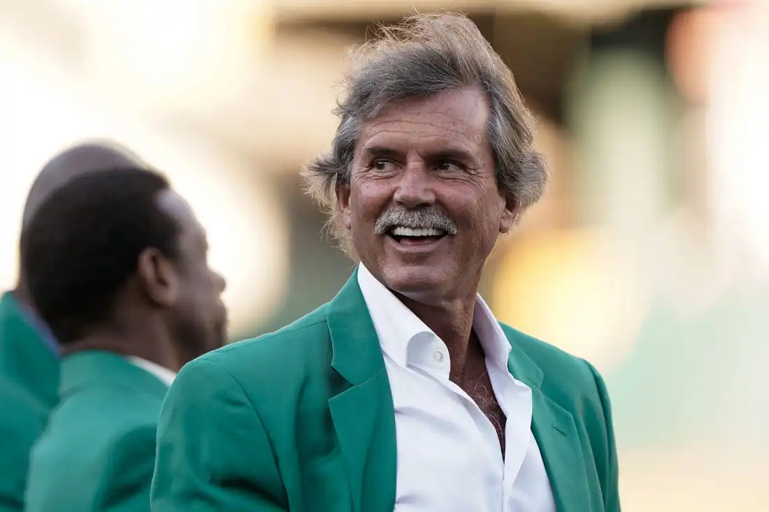 Retired Oakland Athletics pitcher Dennis Eckersley smiles at the crowd before the game against the Texas Rangers at the Oakland Coliseum in Oakland, Calif., on Sept. 21, 2019. (Stan Szeto/USA TODAY Sports via Field Level Media)
