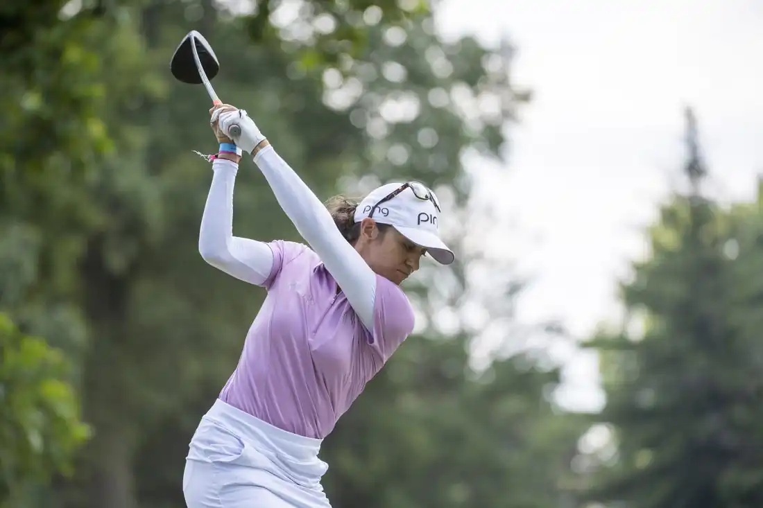 Paula Reto from South Africa tees off on the 3rd hole during the final round of the Marathon LPGA Classic golf tournament at Highlands Meadows Golf Club in Sylvania, Ohio, Aug. 9, 2020 (Marc Lebryk/USA TODAY Sports via Field Level Media)
